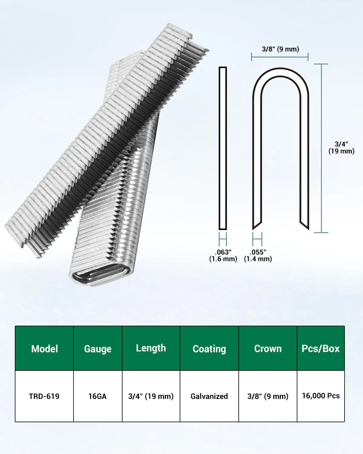 16 Gauge 3/8'' Round Crown 3/4'' Length U Shaped Staples