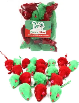 20 Christmas Holiday Mice with Catnip and Rattle Sound Made of Real Rabbit Fur Interactive Catch Play Mouse Toy for Cat, Pack of 20 Mice