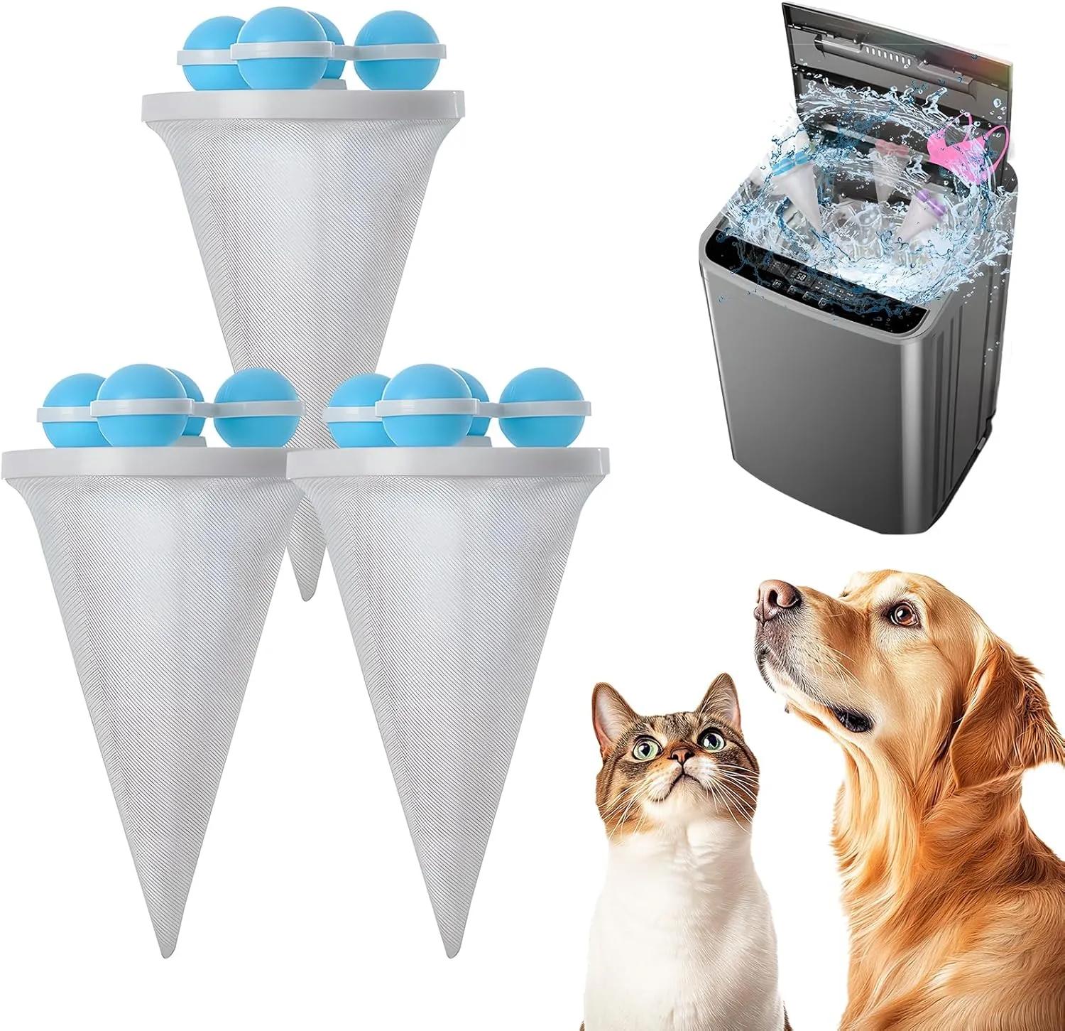 2025 New Pet Hair Remover for Laundry, 3PCS Floating Hair Filtering Mesh Removal, Hair Filter Cleaning Mesh Bag Dog Cat Hair Remover for Washing Machine (Blue)