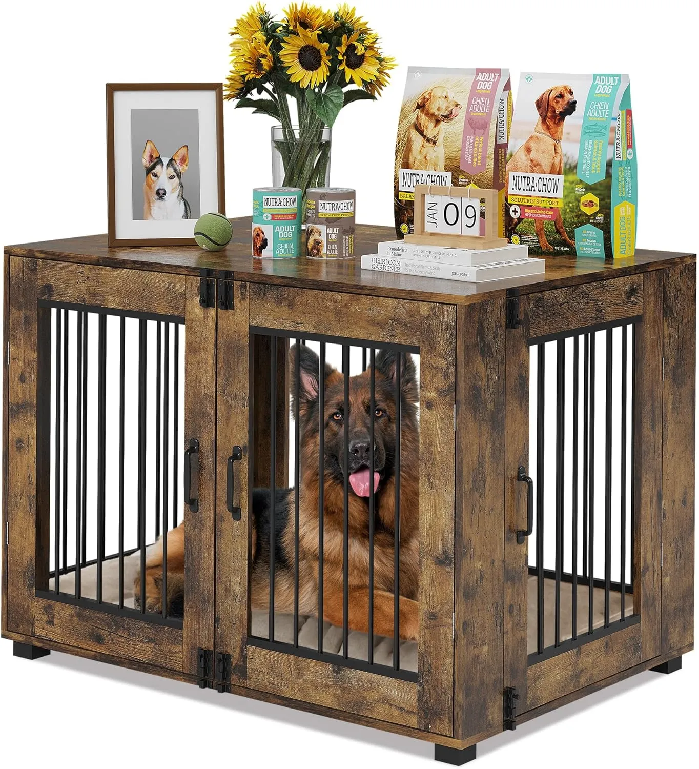 31.5" Dog Crate Furniture for Medium Breeds - Chew-Resistant Dual-Door Kennel with Locking Wheels, Modern Farmhouse Indoor Pet Crate & Rustic End Table, Brown