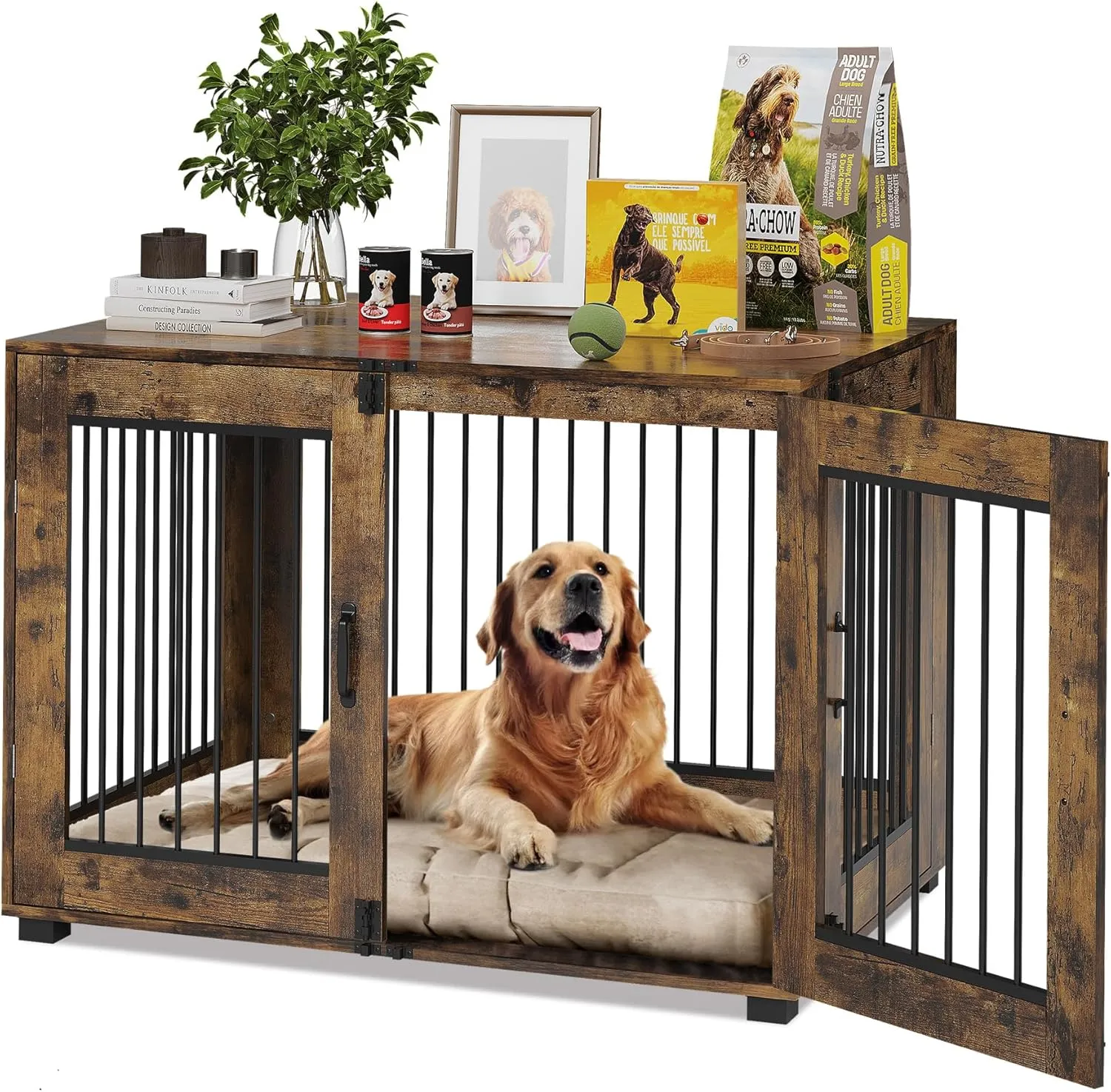 31.5" Dog Crate Furniture for Medium Breeds - Chew-Resistant Dual-Door Kennel with Locking Wheels, Modern Farmhouse Indoor Pet Crate & Rustic End Table, Brown