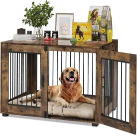 31.5" Dog Crate Furniture for Medium Breeds - Chew-Resistant Dual-Door Kennel with Locking Wheels, Modern Farmhouse Indoor Pet Crate & Rustic End Table, Brown