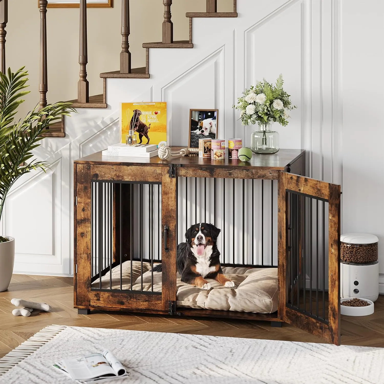 31.5" Dog Crate Furniture for Medium Breeds - Chew-Resistant Dual-Door Kennel with Locking Wheels, Modern Farmhouse Indoor Pet Crate & Rustic End Table, Brown