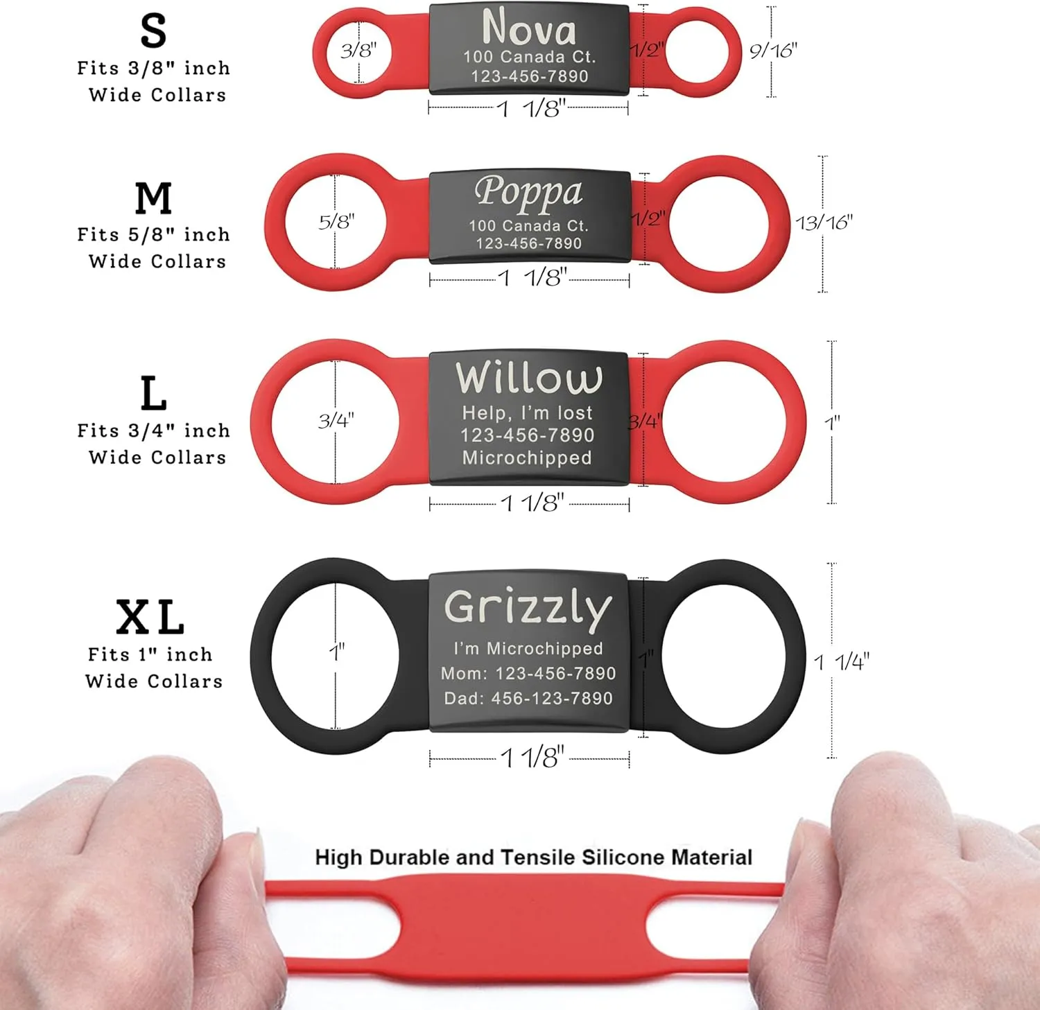 Anavia Slide On Silent Pet ID Tags, S/M/L/XL Personalized Black Stainless Steel Colored Silicone Cat Dog Name Tag, Customized Engraved Nameplate, Quiet Chew-Proof Pet Collar Tag (Pink, Small)
