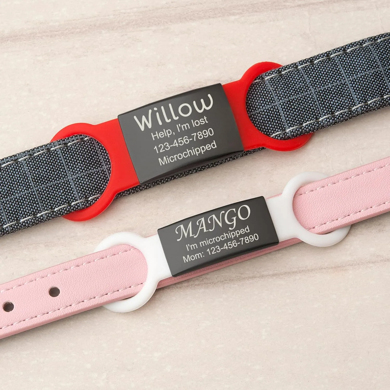Anavia Slide On Silent Pet ID Tags, S/M/L/XL Personalized Black Stainless Steel Colored Silicone Cat Dog Name Tag, Customized Engraved Nameplate, Quiet Chew-Proof Pet Collar Tag (Pink, Small)