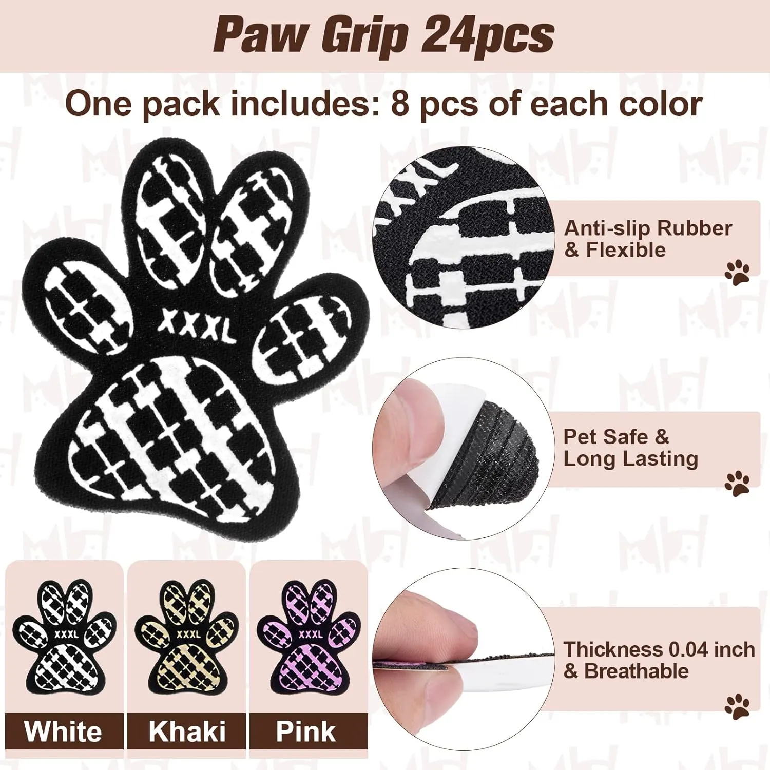 BEAUTYZOO Dog Paw Protector for Hot Pavement, Anti-Slip Paw Grips for Senior Dogs, Paw Stickers Traction Pad for Dogs Feet on Hardwood Floor, Dog Shoes Boots Socks Replacement, 8 Sets (24 pcs) S