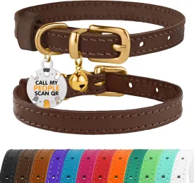 BRONZEDOG Leather Cat Collar with Removable Bells Non Breakaway Kitten QR Tag for Girl Boy (9" - 12" Cats/Mini Dogs, Dark Brown & Gold)