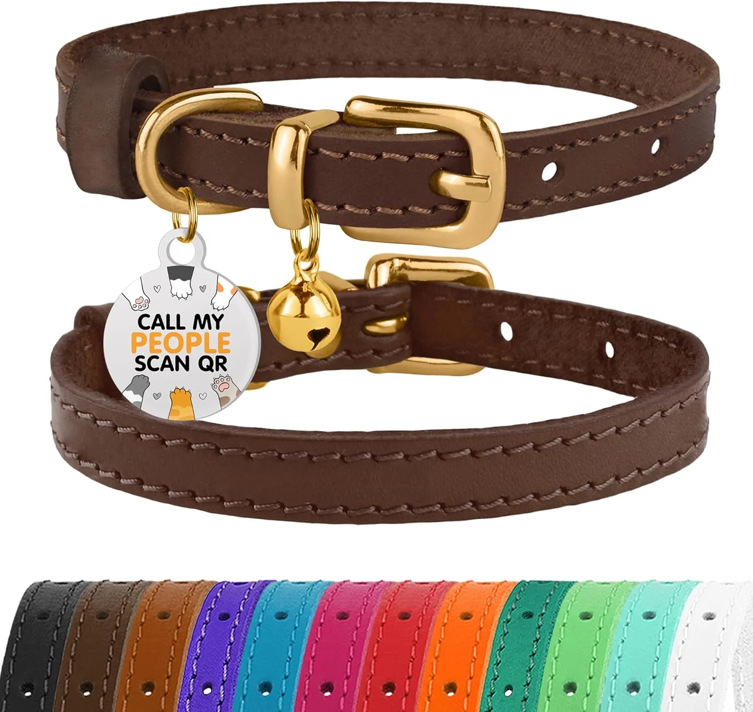 BRONZEDOG Leather Cat Collar with Removable Bells Non Breakaway Kitten QR Tag for Girl Boy (9" - 12" Cats/Mini Dogs, Dark Brown & Gold)