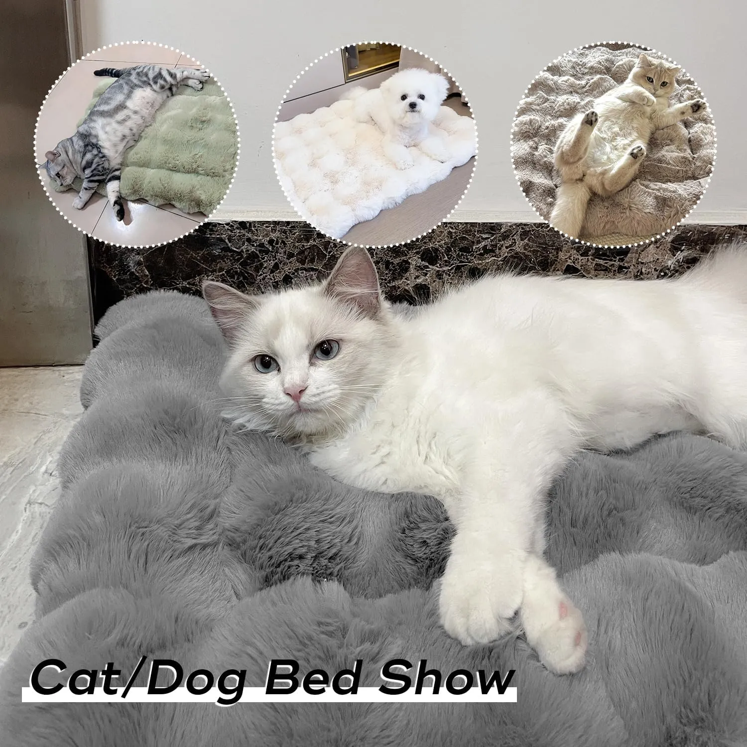 Cat Beds Cozy Pet Mat Faux Fur Kitten Pad Bed for Carriers/Couch Dog & Puppy Cute Friendly 23 x 15 Inch Medium White