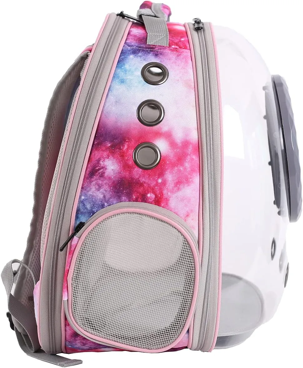 Cat Bubble Backpack Carrier, Galaxy Theme Space Capsule Astronaut Bubble Backpack for Kitten Bunny Airline Approved Travel Hiking Camping Cat Book Bag (Galaxy Pink, Bubble Window)