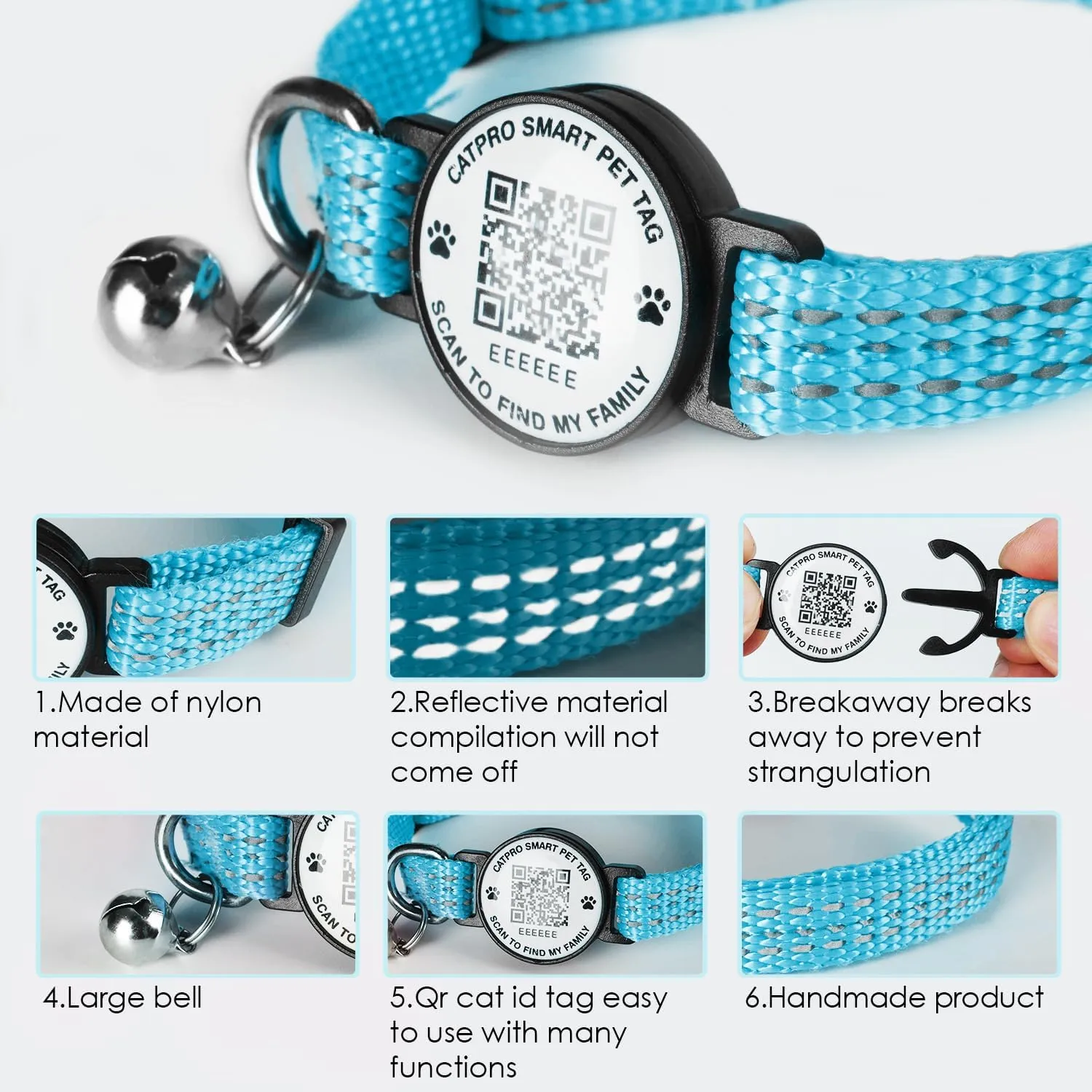 Cat Collar Pet ID Tag with Smart QR Code,Real-time scan alerts,Modifiable and Shareable Pet Profile,Reflective Nylon with Bell, Secure Breakaway, No Subscription or fees,Blue-L