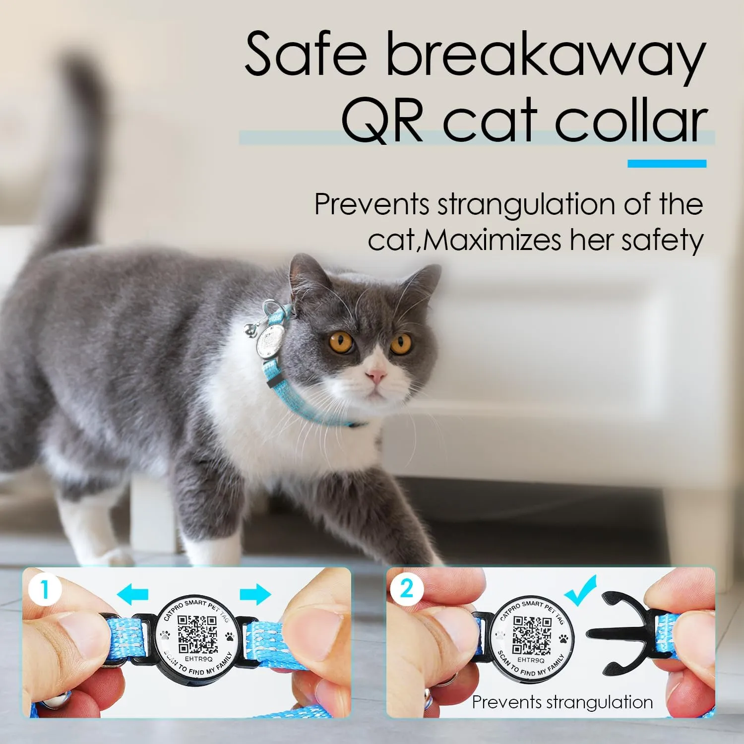Cat Collar Pet ID Tag with Smart QR Code,Real-time scan alerts,Modifiable and Shareable Pet Profile,Reflective Nylon with Bell, Secure Breakaway, No Subscription or fees,Blue-L