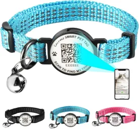 Cat Collar Pet ID Tag with Smart QR Code,Real-time scan alerts,Modifiable and Shareable Pet Profile,Reflective Nylon with Bell, Secure Breakaway, No Subscription or fees,Blue-L
