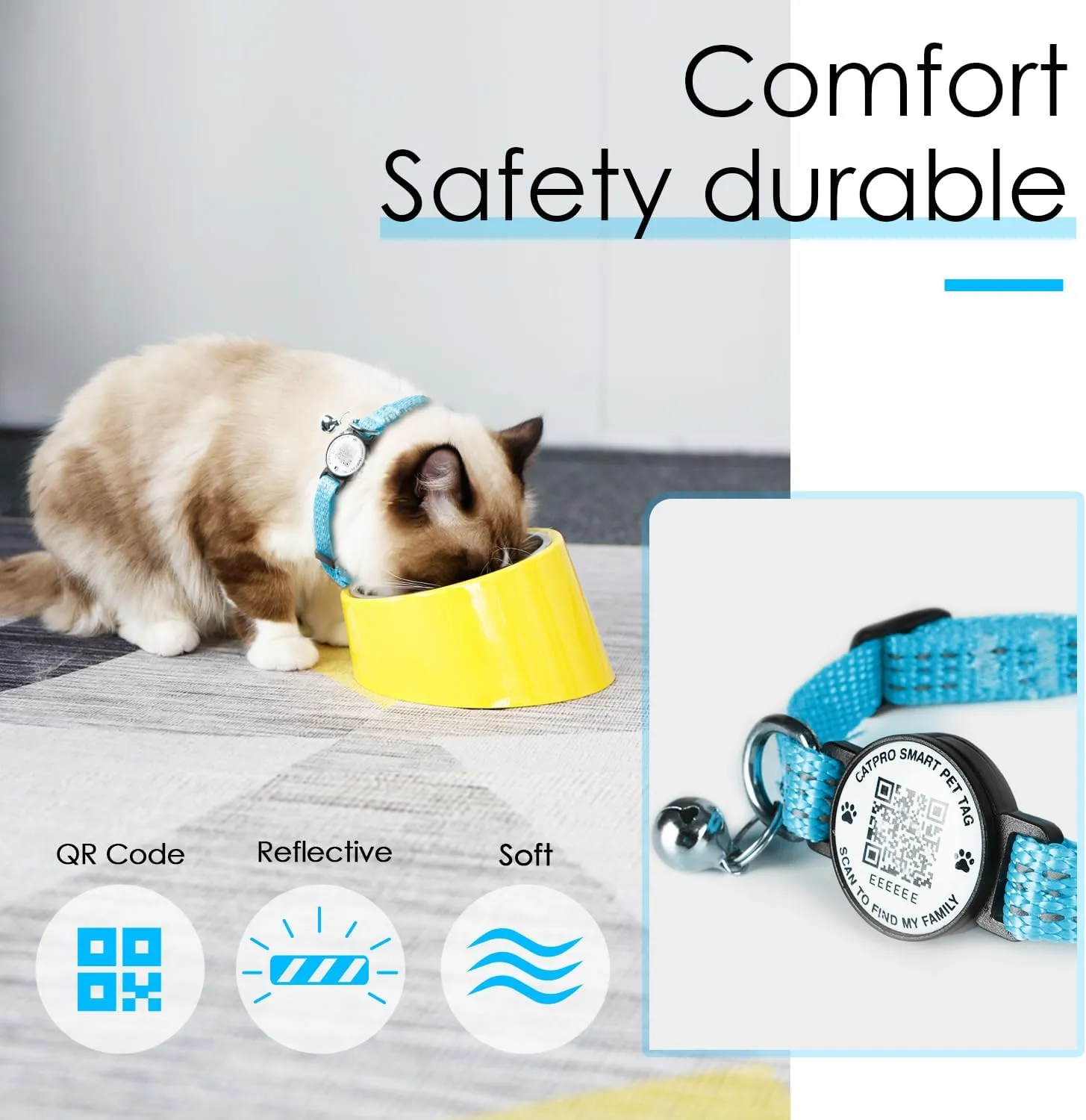 Cat Collar Pet ID Tag with Smart QR Code,Real-time scan alerts,Modifiable and Shareable Pet Profile,Reflective Nylon with Bell, Secure Breakaway, No Subscription or fees,Blue-L