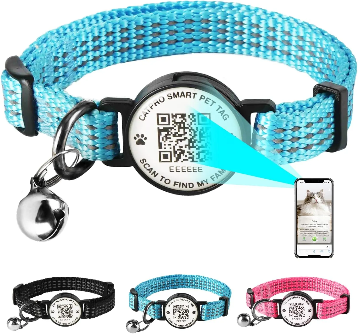 Cat Collar Pet ID Tag with Smart QR Code,Real-time scan alerts,Modifiable and Shareable Pet Profile,Reflective Nylon with Bell, Secure Breakaway, No Subscription or fees,Blue-L