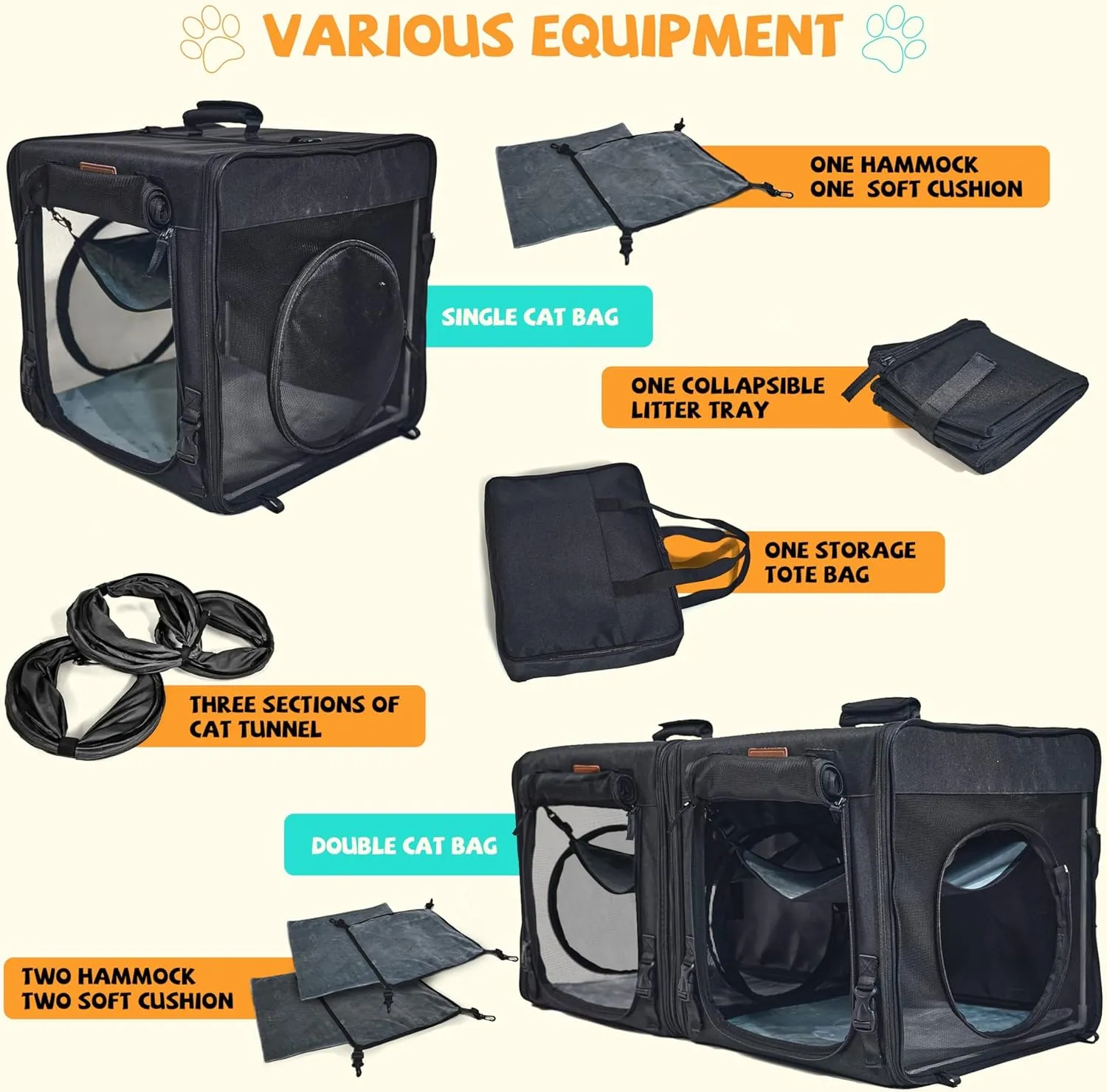Cat Travel Carrier with Litter Box 2-in-1 Portable Double Cat Carriers for 2 Cats and Pet Shelter Ideal for Multiple Cats Soft Foldable Design with Shoulder Strap Small Size Single Grey