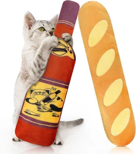 Ciyvolyeen Catnip Toy, Bread Wine Bottle Baguette Large Cat Interactive Chew Teething for Kitten Indoor Plush Catmint Stuff Gift for Cat Lover 2PCS