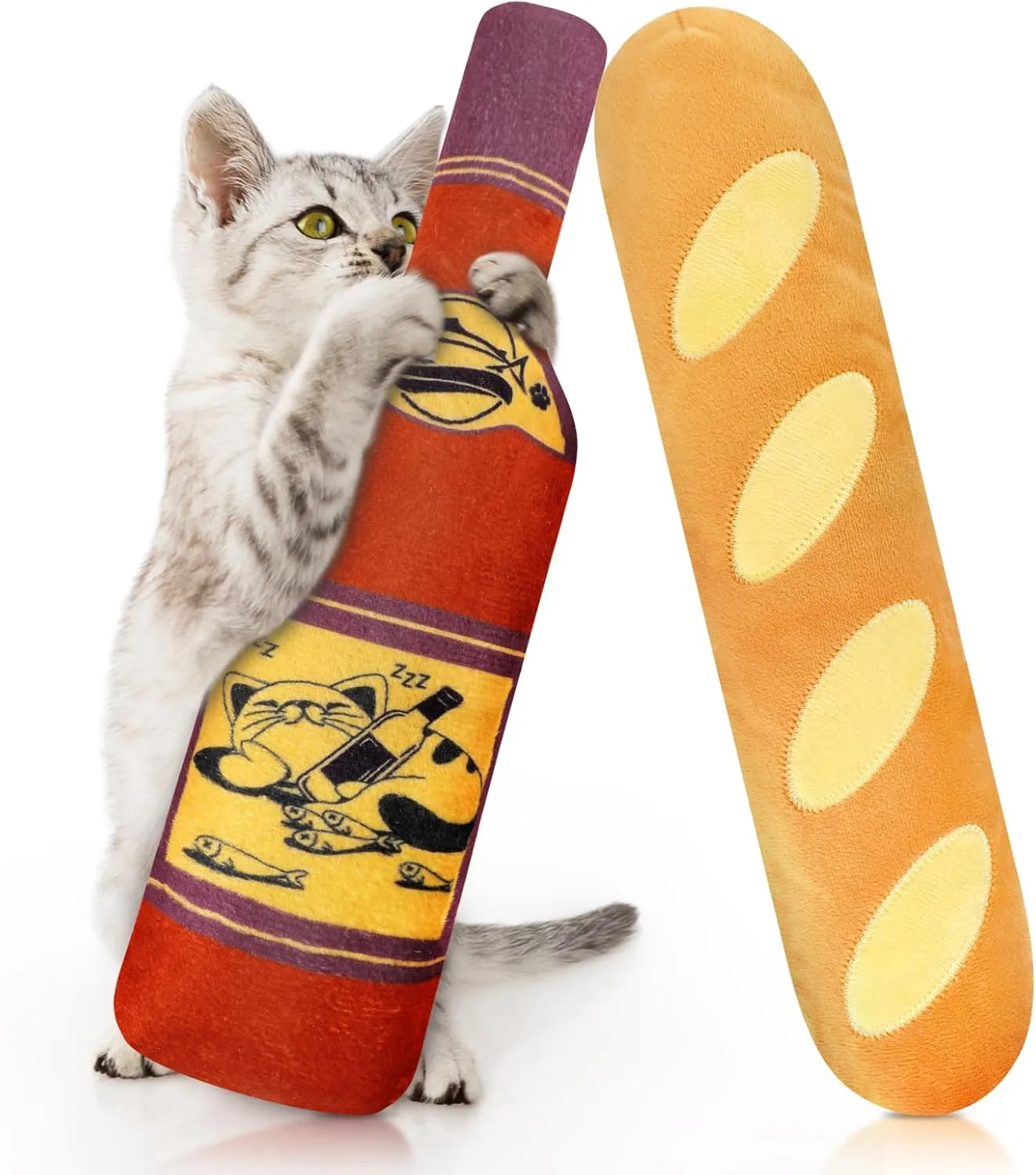 Ciyvolyeen Catnip Toy, Bread Wine Bottle Baguette Large Cat Interactive Chew Teething for Kitten Indoor Plush Catmint Stuff Gift for Cat Lover 2PCS