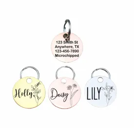 Custom Round Birth Flower Dog Tags, Double Sided Engraved Stainless Steel Pet Id Tags for Dogs, Cat & Dog Collar Charm Microchips, Lightweight Sturdy Cute Cat Id Tags, Personalized Dog