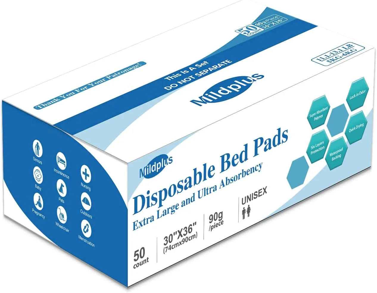 Disposable Bed Pads 30X36 (50pcs) Extra Large Underpads for Incontinence Disposable Pads for Adult, Bedwetting Child or Pets (90g/Piece, 7g SAP)