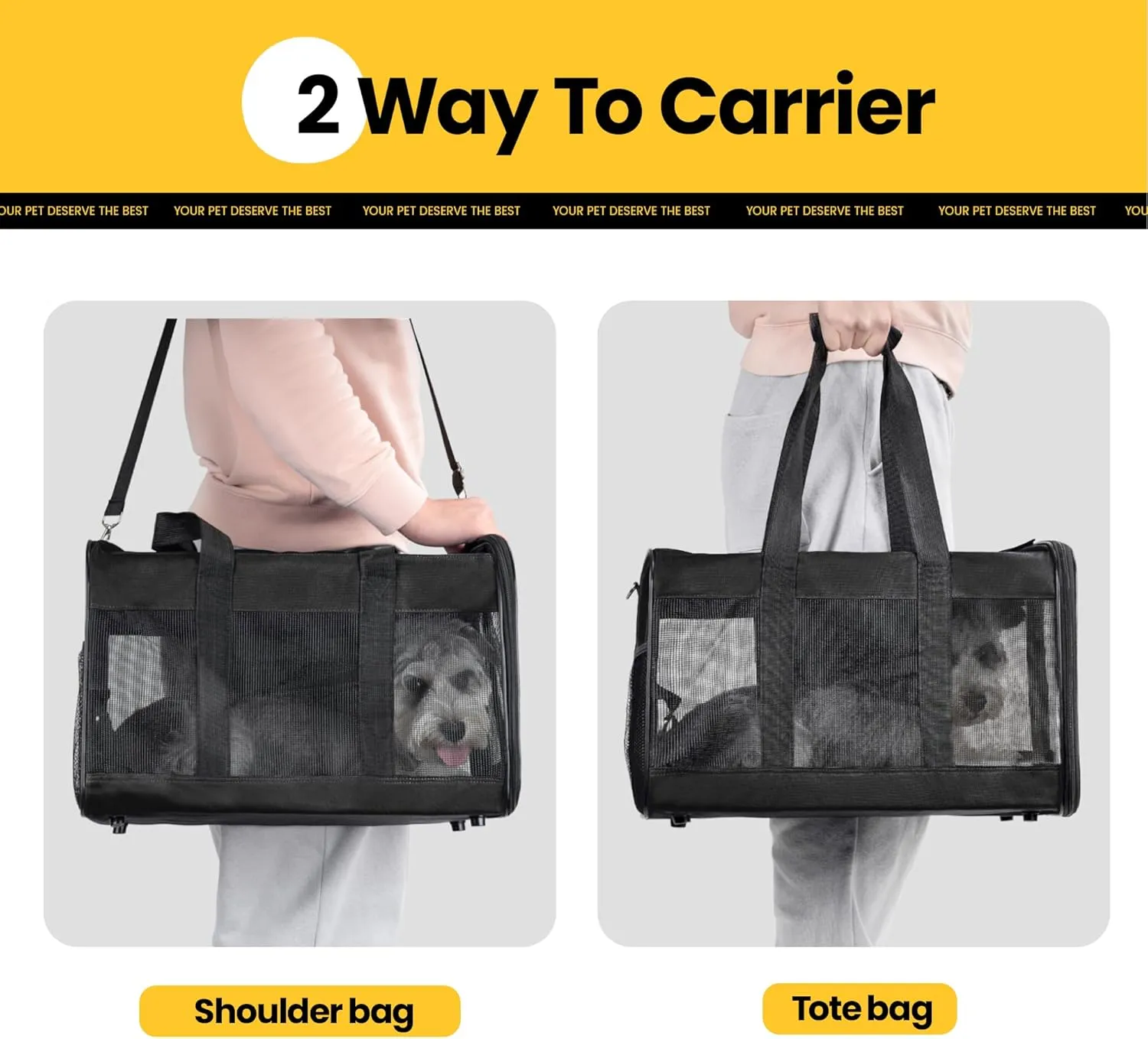 Dog Carrier Soft Sided, Large Cat Carrier with Inner Safety Leash, Pet Transport Carrier for Large Cats and Medium Dogs up to 20 Lbs, Collapsible Travel Puppy Carrier Bag -Black L