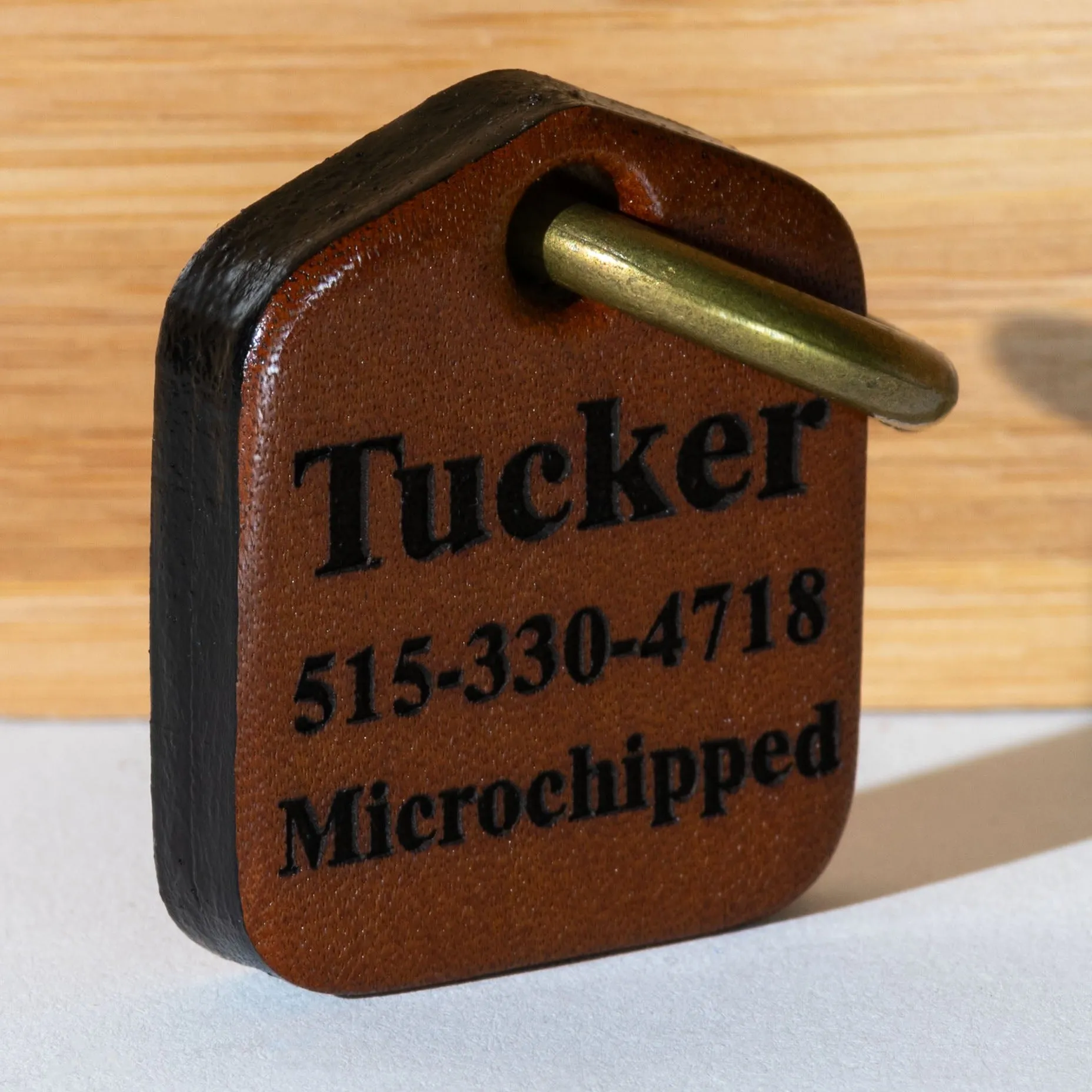 Dog ID Tag Engraved Personalized for Dog Collars in Leather Brown 1.25" x 1.5"