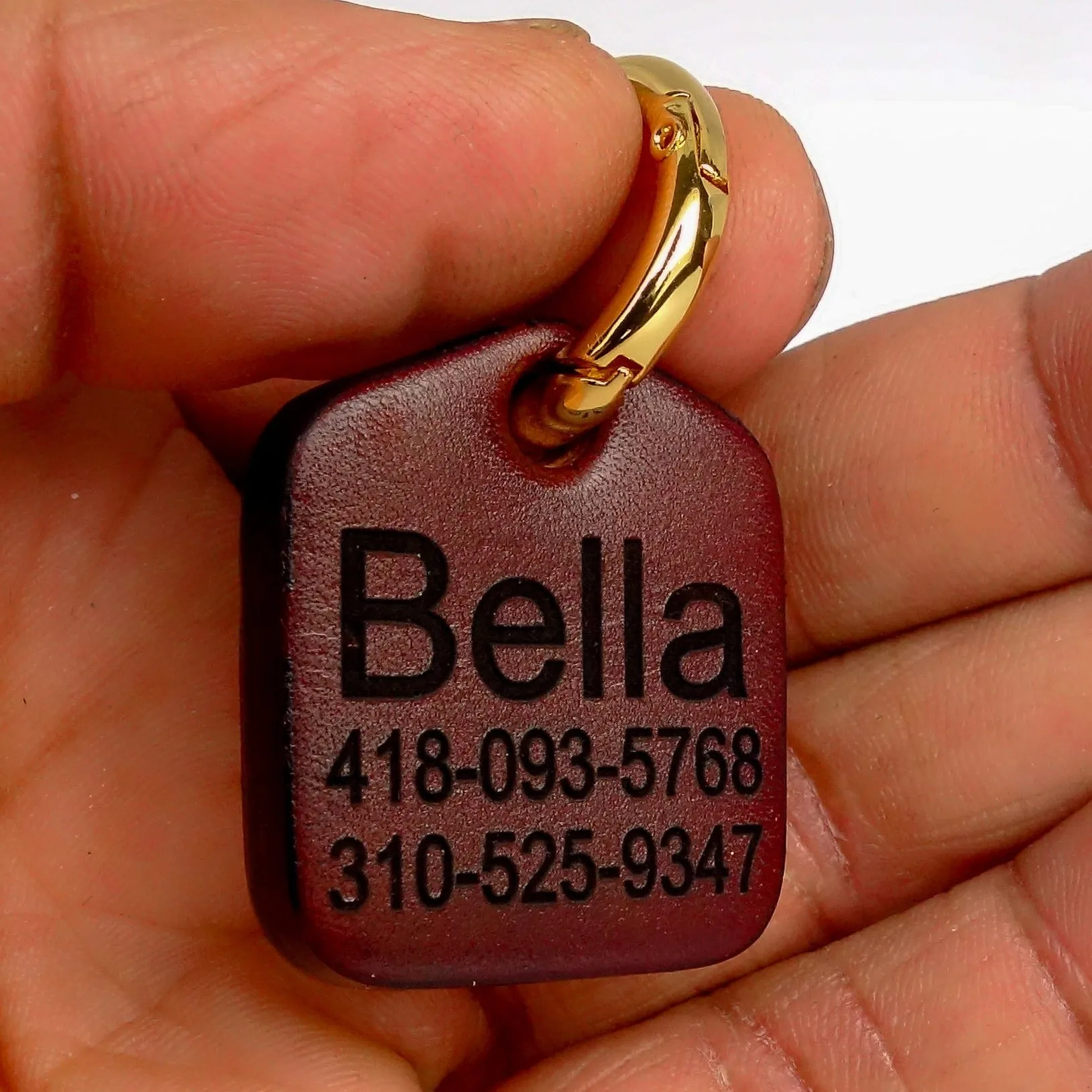 Dog ID Tag Engraved Personalized for Dog Collars in Leather Brown 1.25" x 1.5"