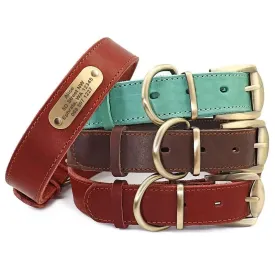 Dog Leather Collar w/ Gold Name Tag - Engrave Your Pet's ID