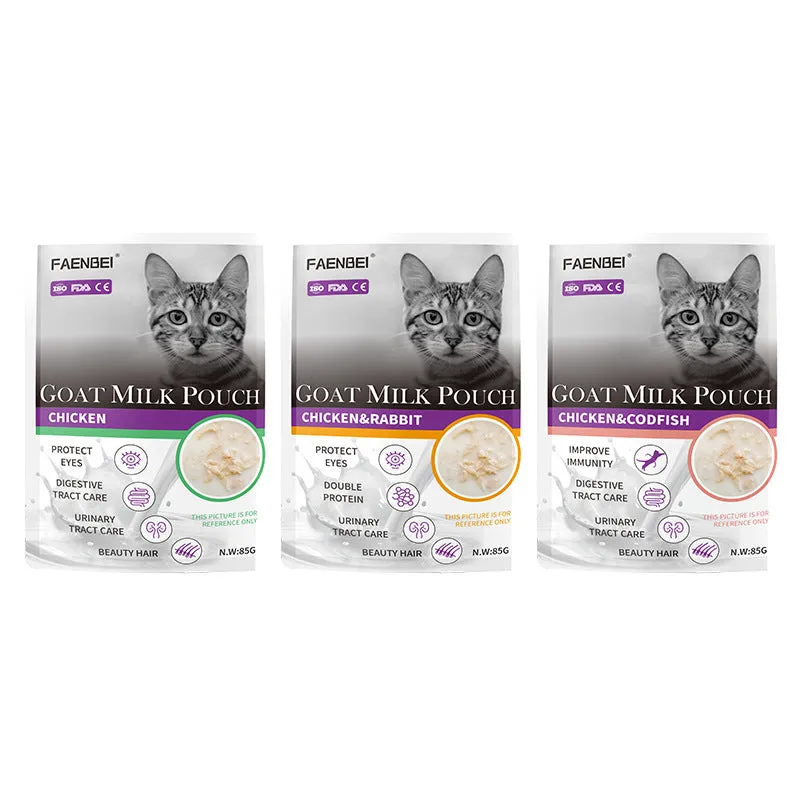 FAENBEI  Cat Wet Food Pouch with Goat Milk with Vitamins and Calcium in different Flavors 3 Oz pouch (Pack of 5)