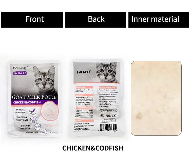 FAENBEI  Cat Wet Food Pouch with Goat Milk with Vitamins and Calcium in different Flavors 3 Oz pouch (Pack of 5)