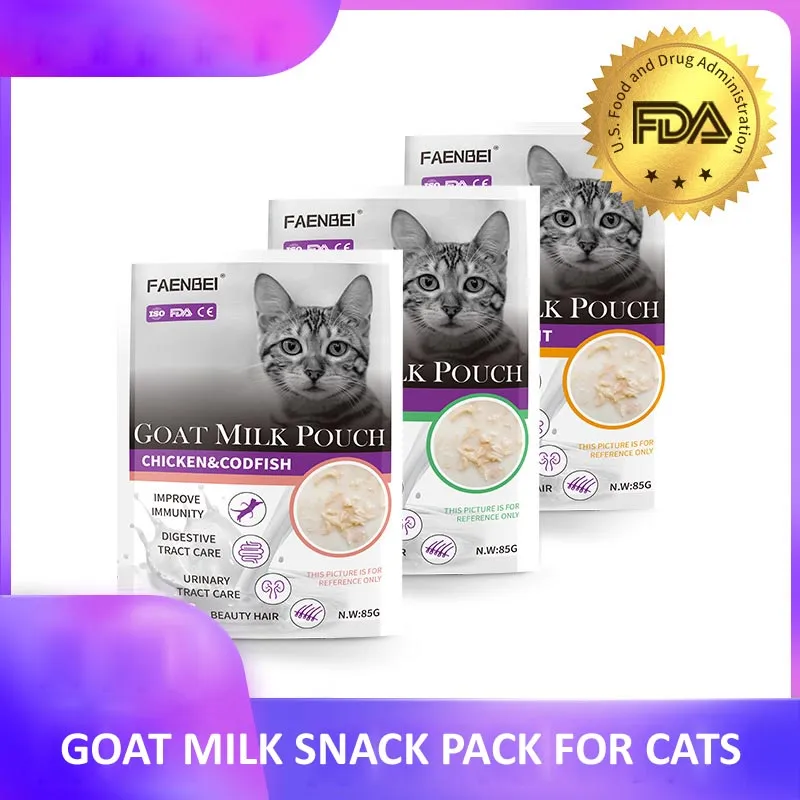 FAENBEI  Cat Wet Food Pouch with Goat Milk with Vitamins and Calcium in different Flavors 3 Oz pouch (Pack of 5)