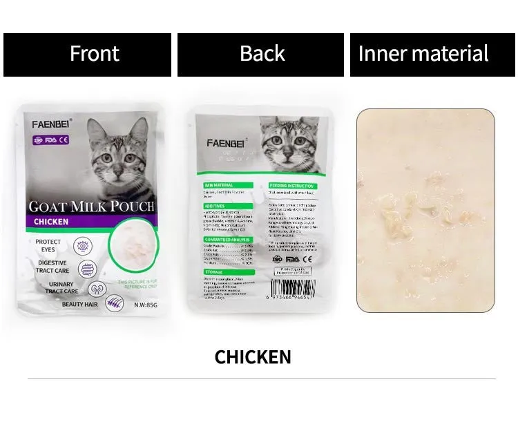 FAENBEI  Cat Wet Food Pouch with Goat Milk with Vitamins and Calcium in different Flavors 3 Oz pouch (Pack of 5)