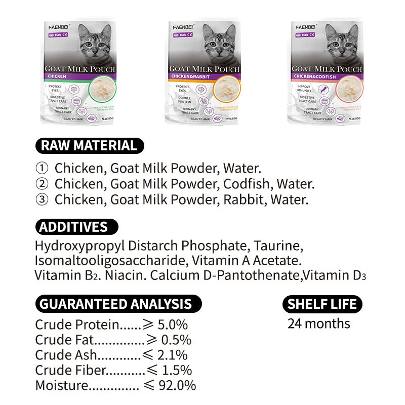 FAENBEI  Cat Wet Food Pouch with Goat Milk with Vitamins and Calcium in different Flavors 3 Oz pouch (Pack of 5)