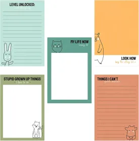 Funny Adulting Humor Sticky Note Assortment / 4" x 6" Repositionable Sticky Note Set/Set of 5 Colorful Snarky Animal Designs/Made in The USA