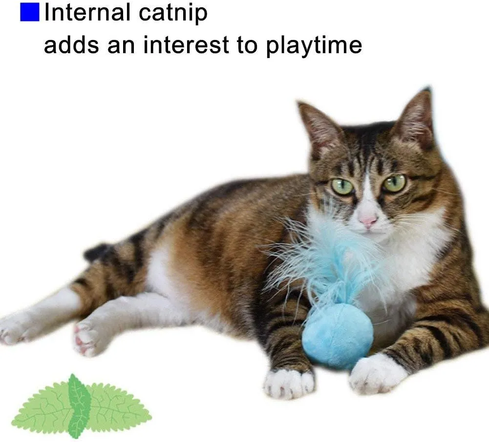 Furry Rattle Ball Cat Toy with Feather and Catnip - Interactive Pom Pom Balls for Cats, Soft and Lightweight, 2 Inch, 3 Pack.