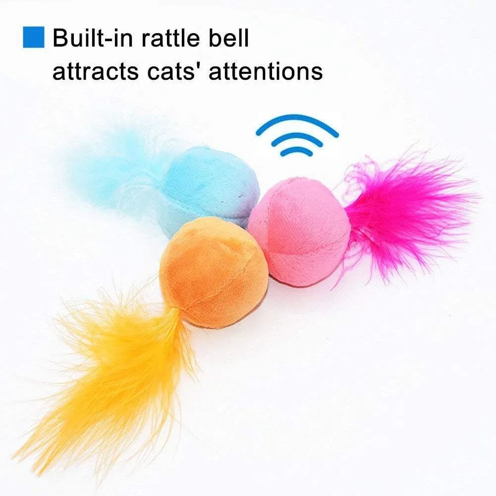 Furry Rattle Ball Cat Toy with Feather and Catnip - Interactive Pom Pom Balls for Cats, Soft and Lightweight, 2 Inch, 3 Pack.