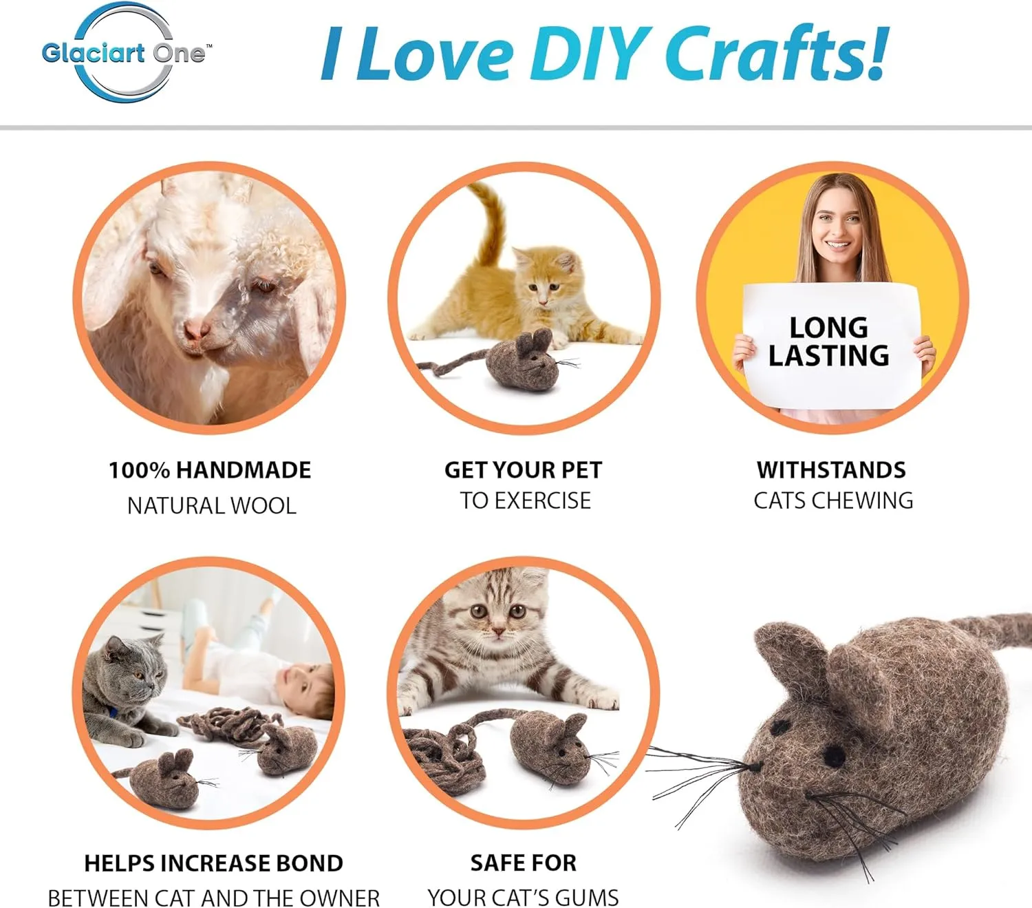 Glaciart One Felt Mouse Cat Toy  Soft Fuzzy Enrichment 100% Natural Wool - Interactive Catnip Play Cat Toy Set - Safe for Pets, Non-AZO Colored Dyes - 100 Long
