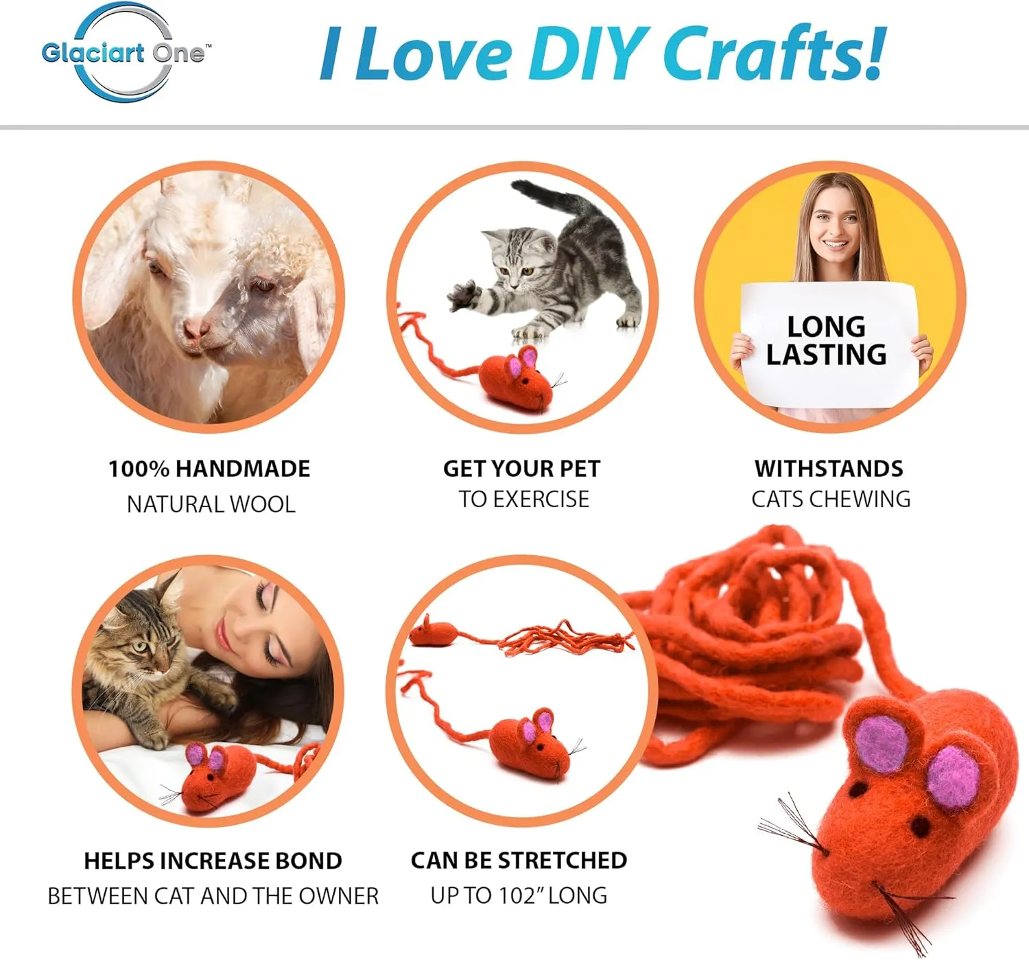 Glaciart One Felt Mouse Cat Toy  Soft Fuzzy Enrichment 100% Natural Wool - Interactive Catnip Play Cat Toy Set - Safe for Pets, Non-AZO Colored Dyes - 100 Long