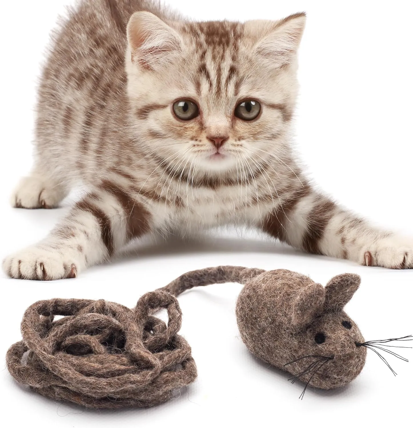 Glaciart One Felt Mouse Cat Toy  Soft Fuzzy Enrichment 100% Natural Wool - Interactive Catnip Play Cat Toy Set - Safe for Pets, Non-AZO Colored Dyes - 100 Long