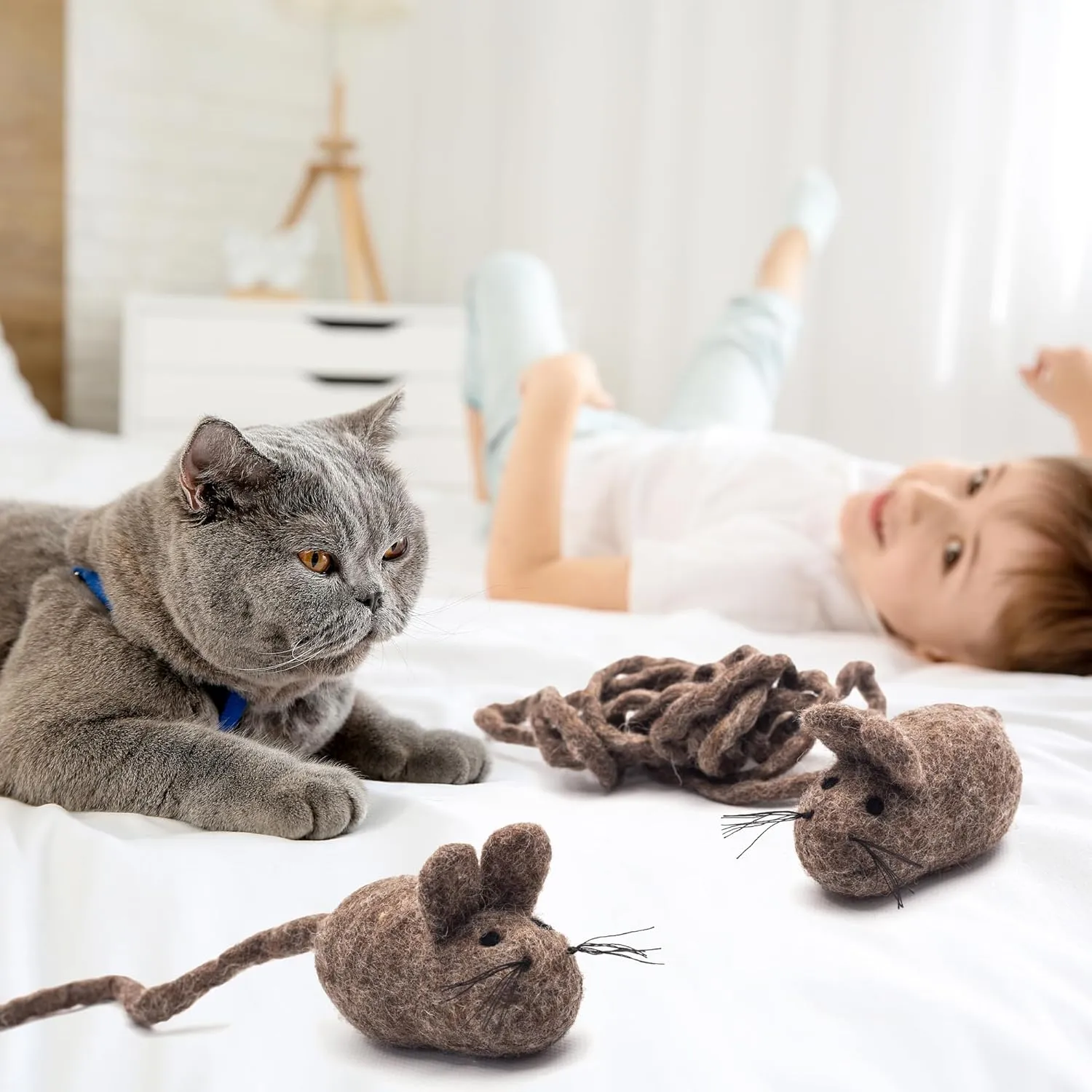 Glaciart One Felt Mouse Cat Toy  Soft Fuzzy Enrichment 100% Natural Wool - Interactive Catnip Play Cat Toy Set - Safe for Pets, Non-AZO Colored Dyes - 100 Long