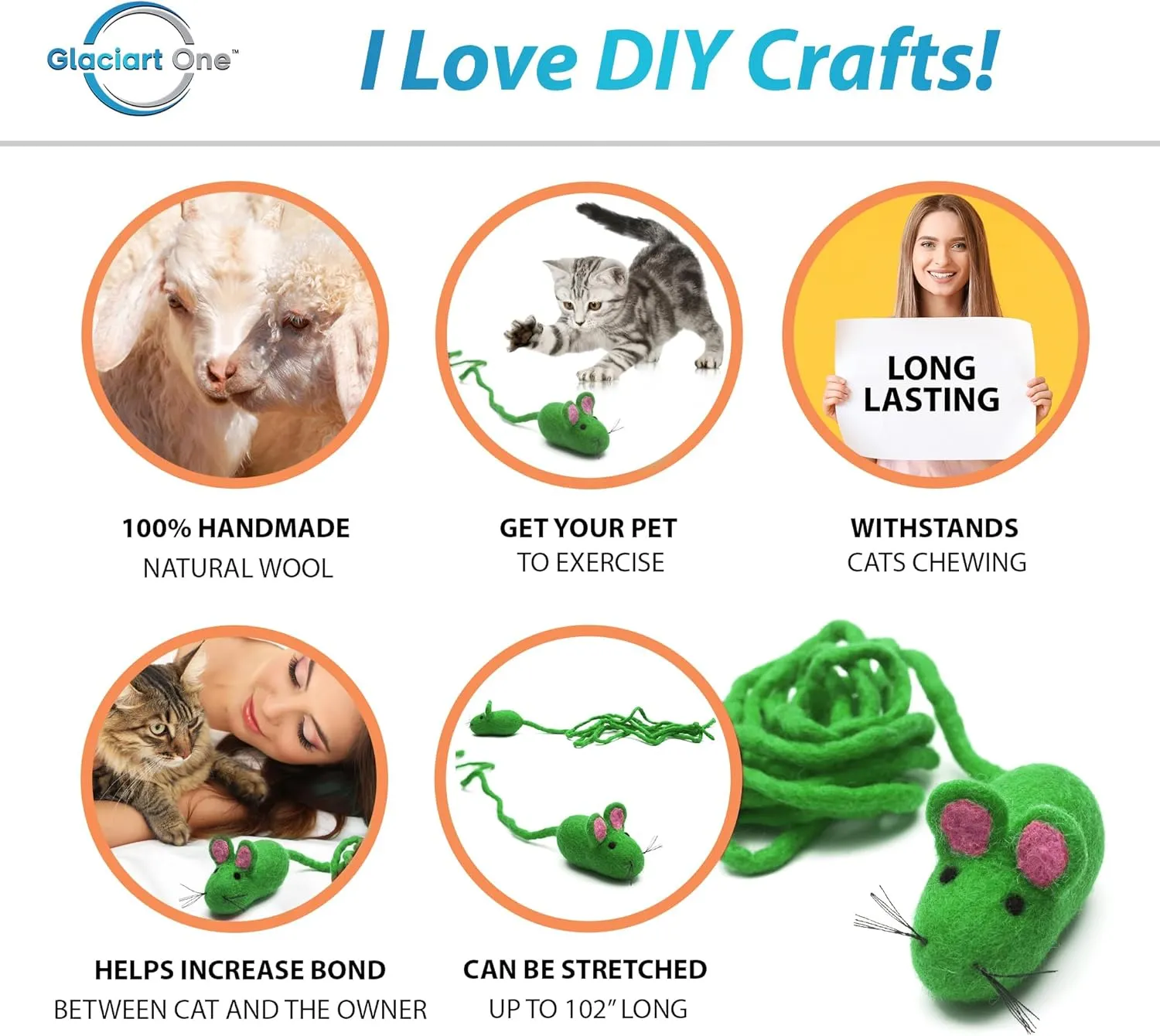 Glaciart One Felt Mouse Cat Toy  Soft Fuzzy Enrichment 100% Natural Wool - Interactive Catnip Play Cat Toy Set - Safe for Pets, Non-AZO Colored Dyes - 100 Long