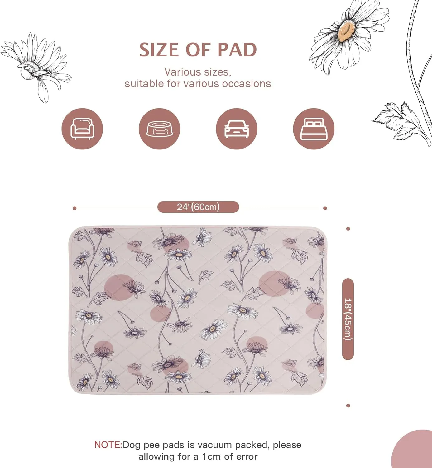 IEUUMLER Washable Pee Pads for Dogs, 2 Pack Non-Slip & Waterproof Pack Whelping Pad, Reusable Washable Puppy Potty Training Pad with Fast Absorbent for Playpen EU007 (Pink Daisy, 24"X18"-2pcs)