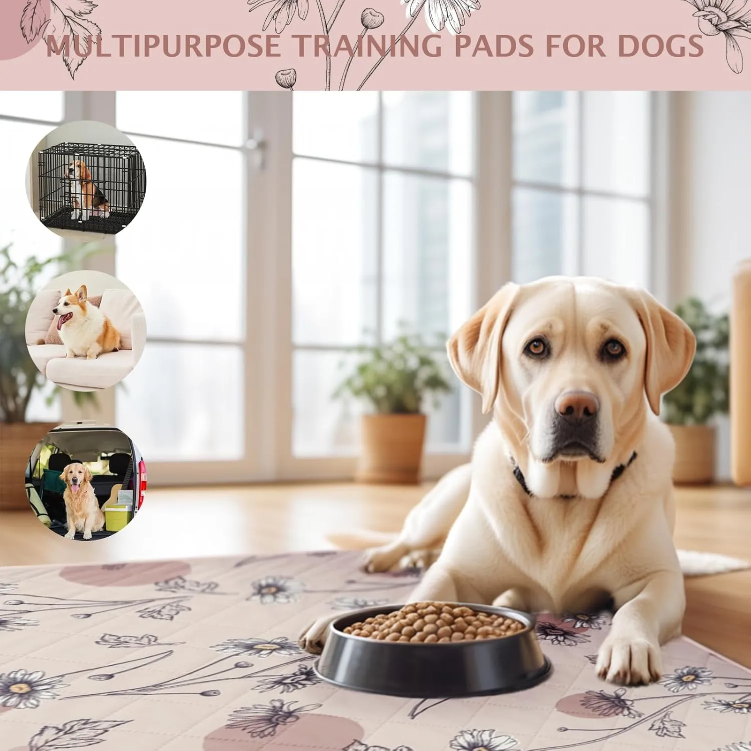 IEUUMLER Washable Pee Pads for Dogs, 2 Pack Non-Slip & Waterproof Pack Whelping Pad, Reusable Washable Puppy Potty Training Pad with Fast Absorbent for Playpen EU007 (Pink Daisy, 24"X18"-2pcs)