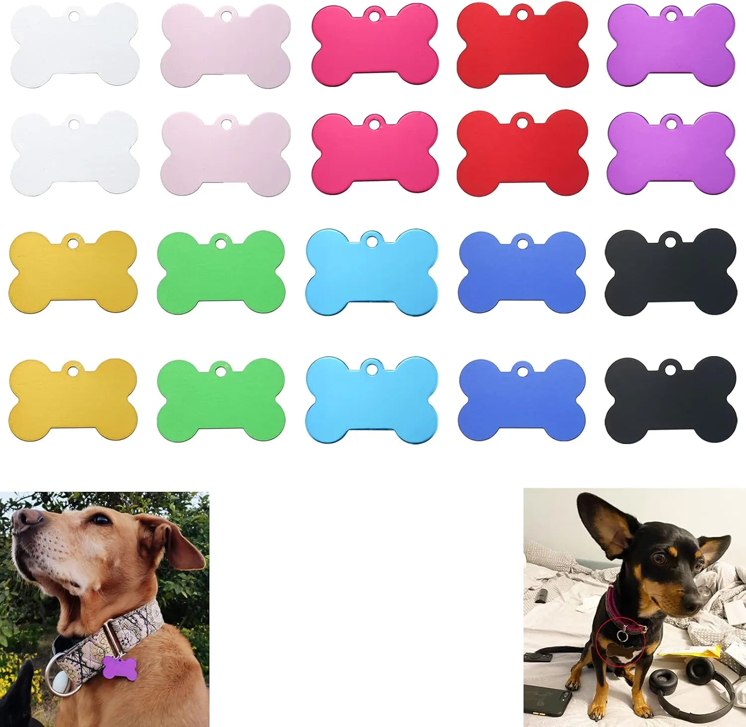 Luckycivia 20 Pcs 38mm Colorful Bone Shape Pet ID Tag, Double Sided Dog Cat Pet Name Phone Number ID Tag Charm Personalized Jewelry Making