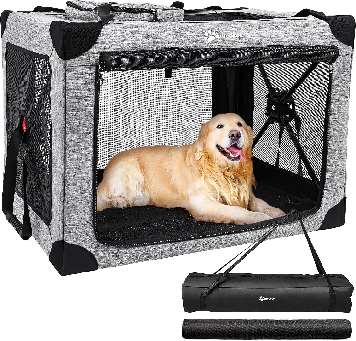 MIU COLOR Collaspsible Quick Installation Dog Crate - 37 Inch Portable Travel for Large Dog, 3-Door Foldable Dog Cage with Windows and Soft mat, Indoor & Outdoor