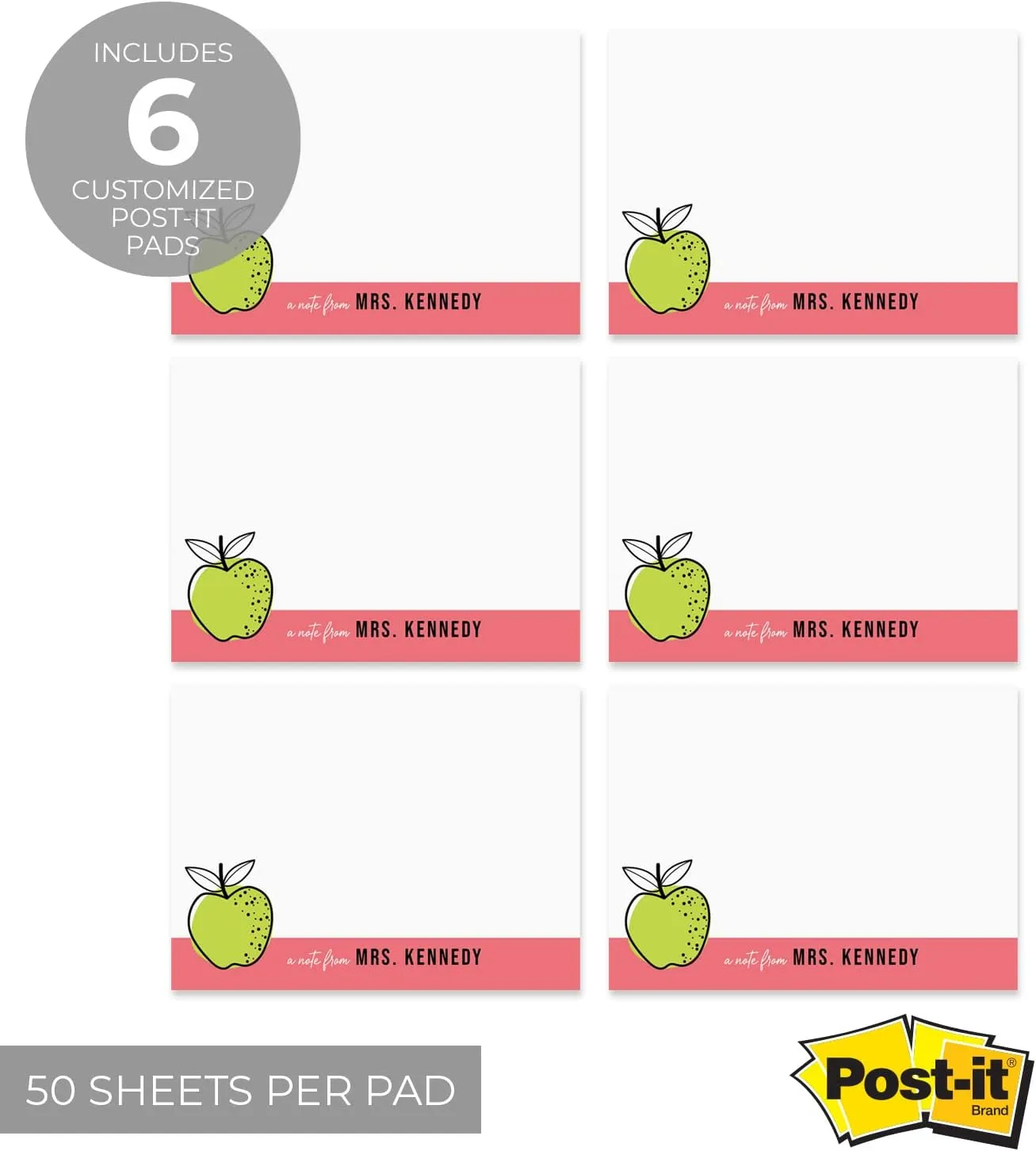 Modern Personalized Teacher Sticky Note Pads / 4" x 3" Customized Sticky Notes/Set of 6 Pads/Trendy Apple Design/Made in The USA