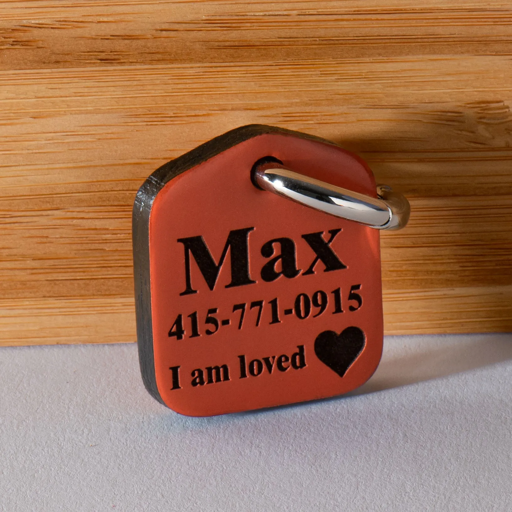 Orange Personalized Pet ID Tag Engraved for Dog Collars in Leather 1.25" x 1.5"