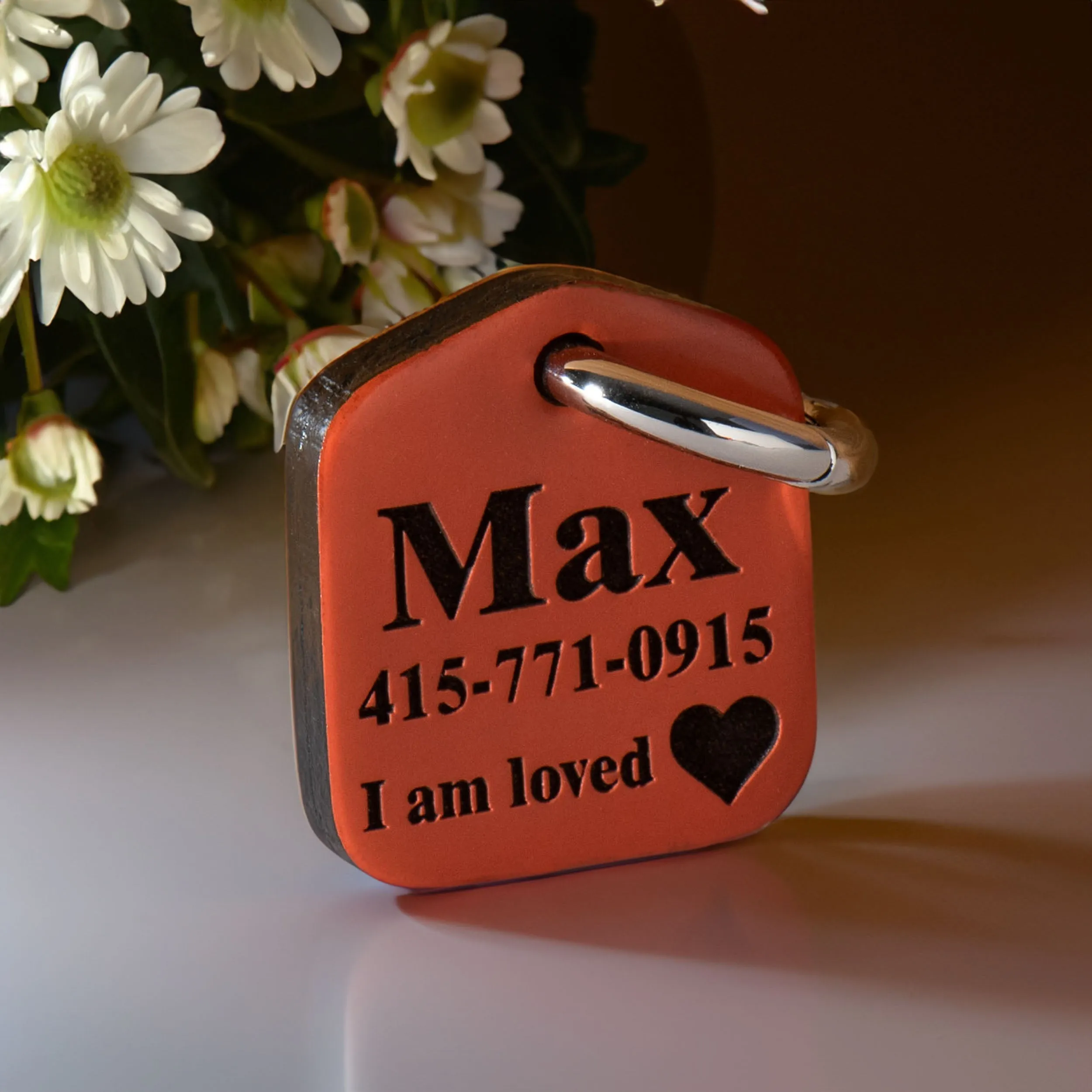 Orange Personalized Pet ID Tag Engraved for Dog Collars in Leather 1.25" x 1.5"