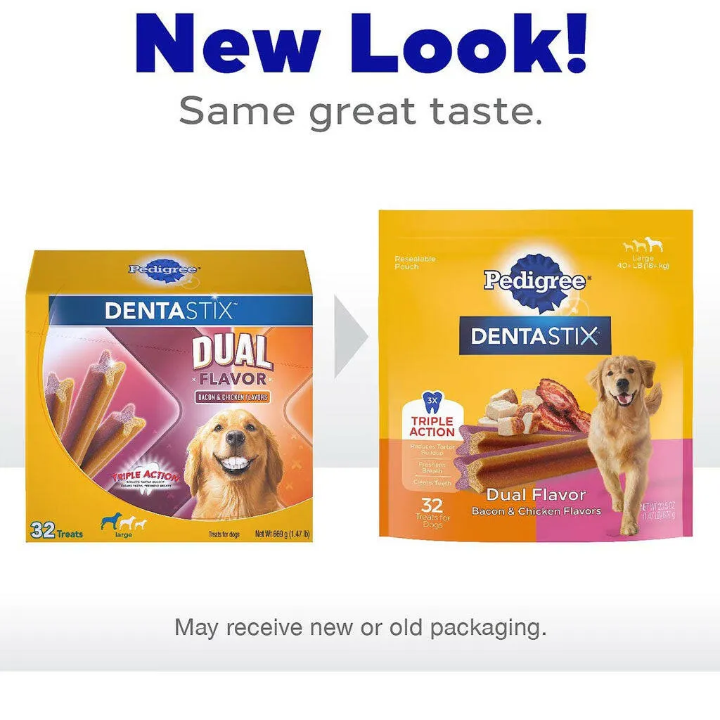 Pedigree Dentastix Dual Flavored Bacon & Chicken Flavored Large Dental Dog Treats, 32 Count