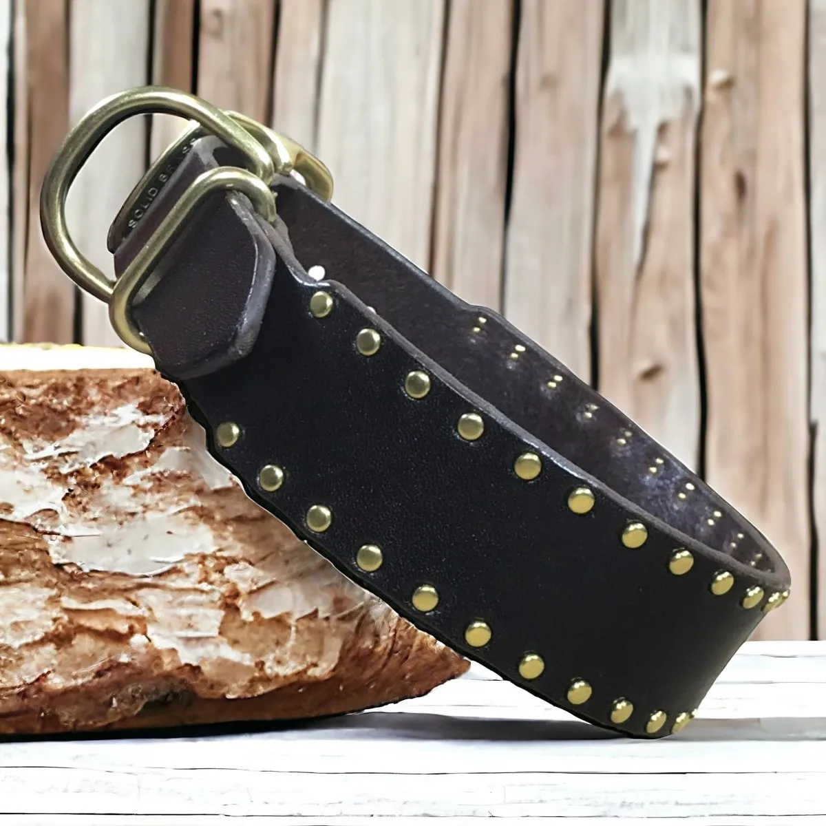 Personalized Leather Dog Collar with Nameplate 1.5" Studding